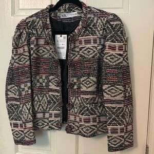 Zara blazer tribal Aztec print open front jacket wool cotton blend NEW w/ tag
